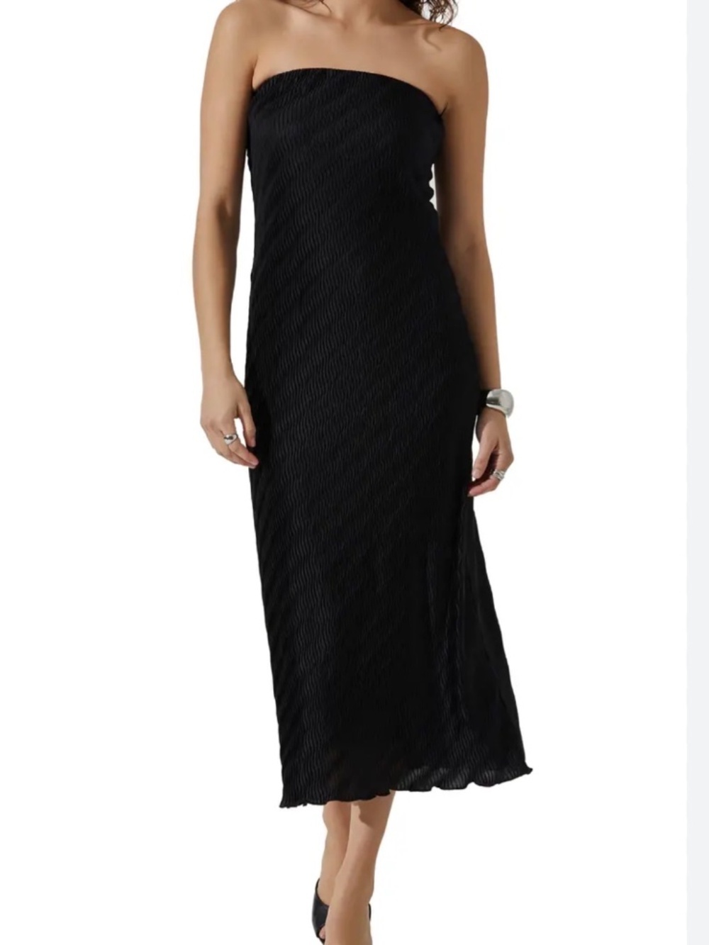 ASTR Midi Dress Black Label Plissé Strapless MSRP $154